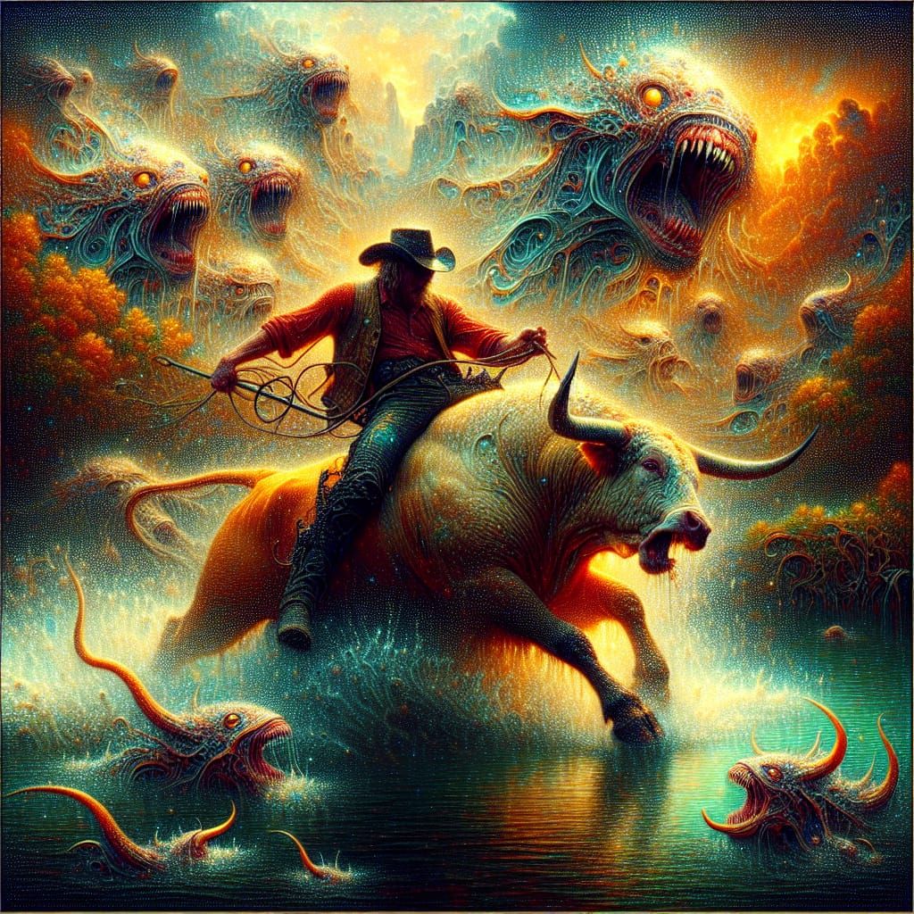Cowboy Taming Bull in River, Vividly Illuminated Scene