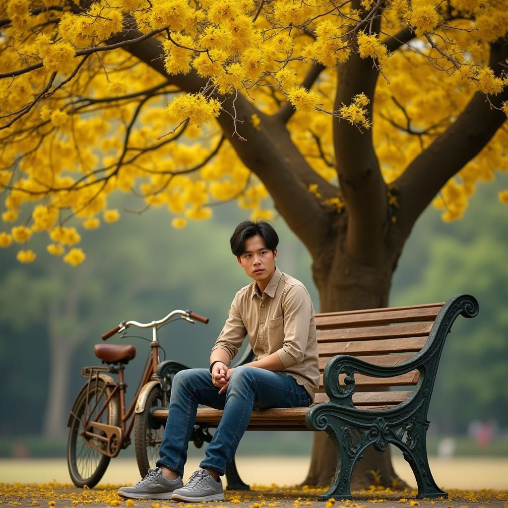Vibrant Young Man Surrounded by Jacaranda Blossoms in a Nost...