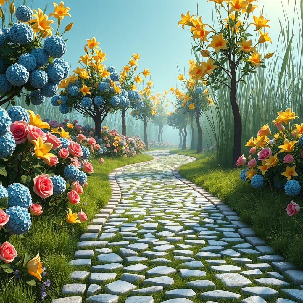 Hyperrealistic Botanical Garden Path with Flowers