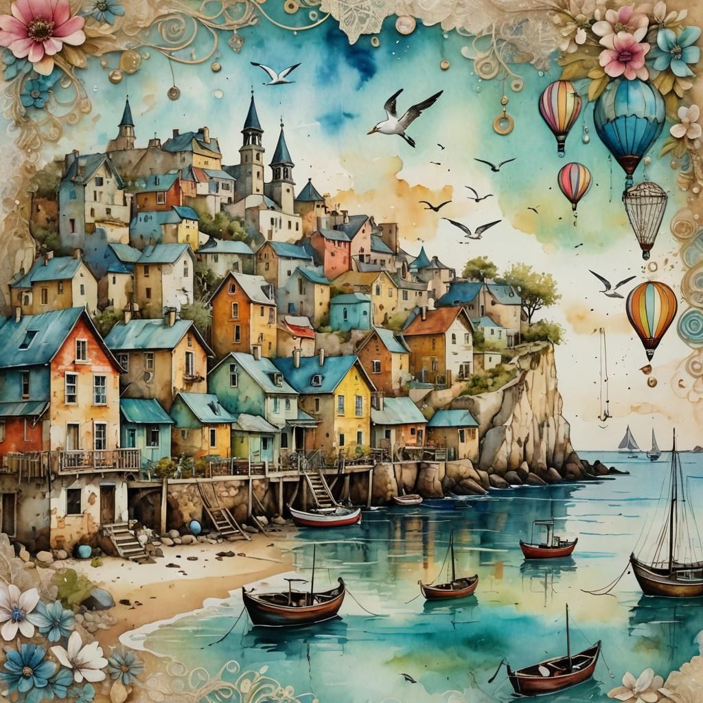 Charming Coastal Village Scene in Mixed Media Style