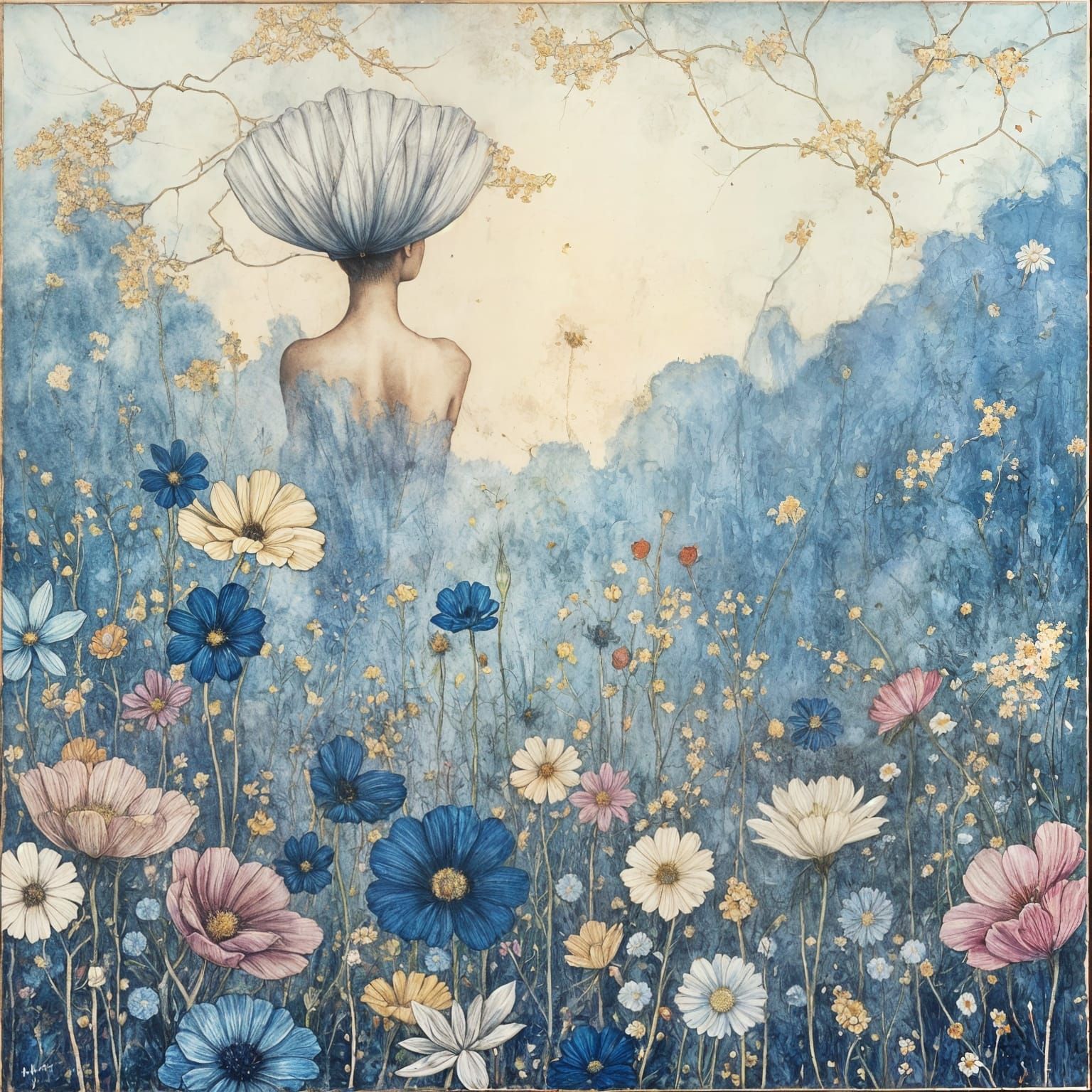 Surrealist Landscape with Summer Flowers in Soft Pastels