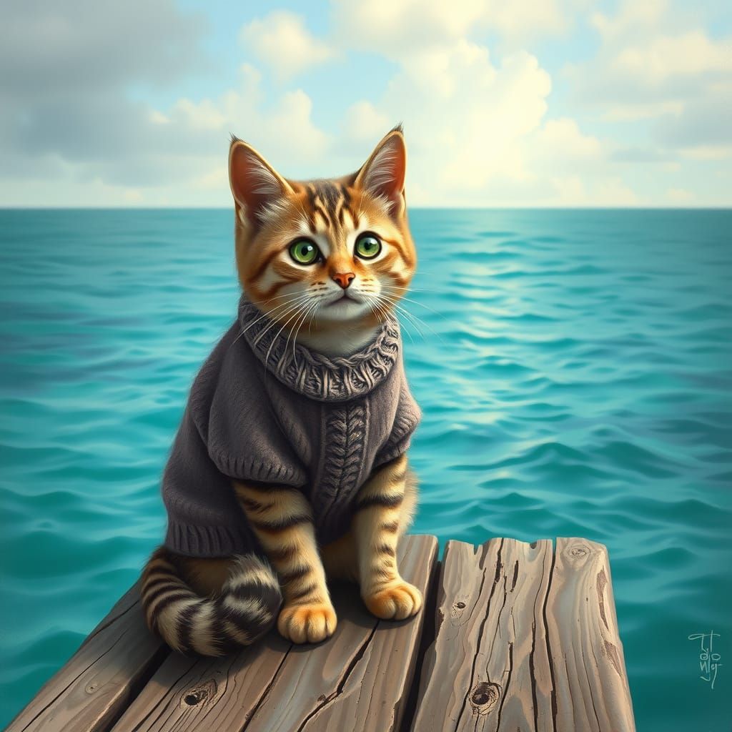Cozy Cat on Dock, Beatrix Potter Style