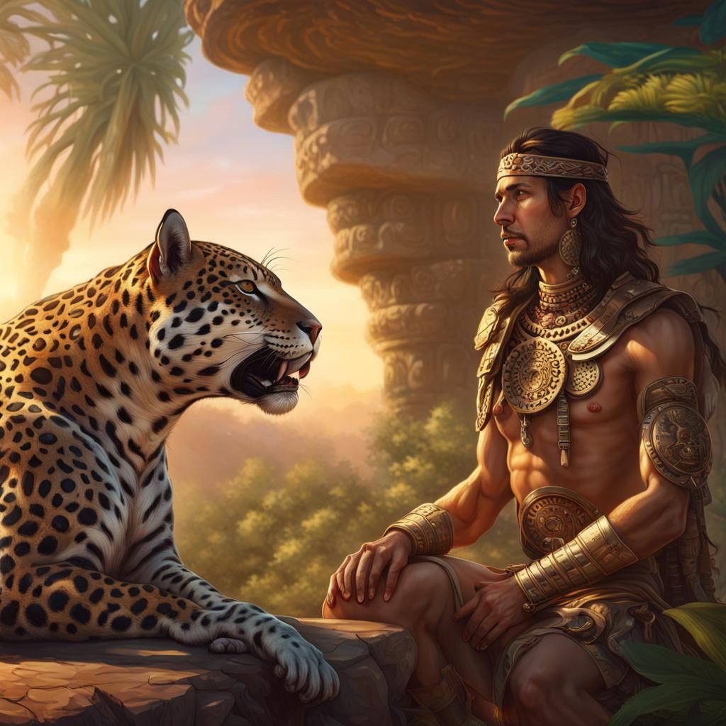 Aztec Warrior and Jaguar in Jungle Sunset