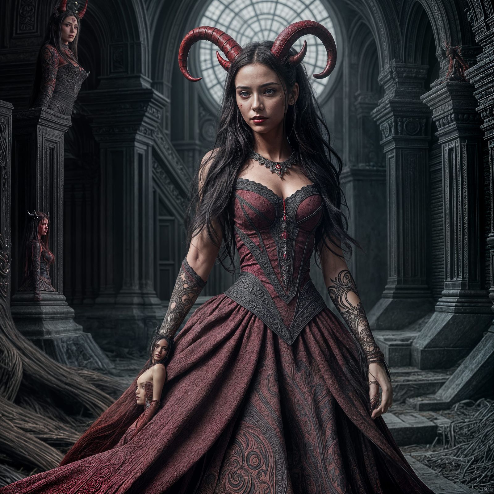 Hyperrealistic Female Devil in Dystopian City