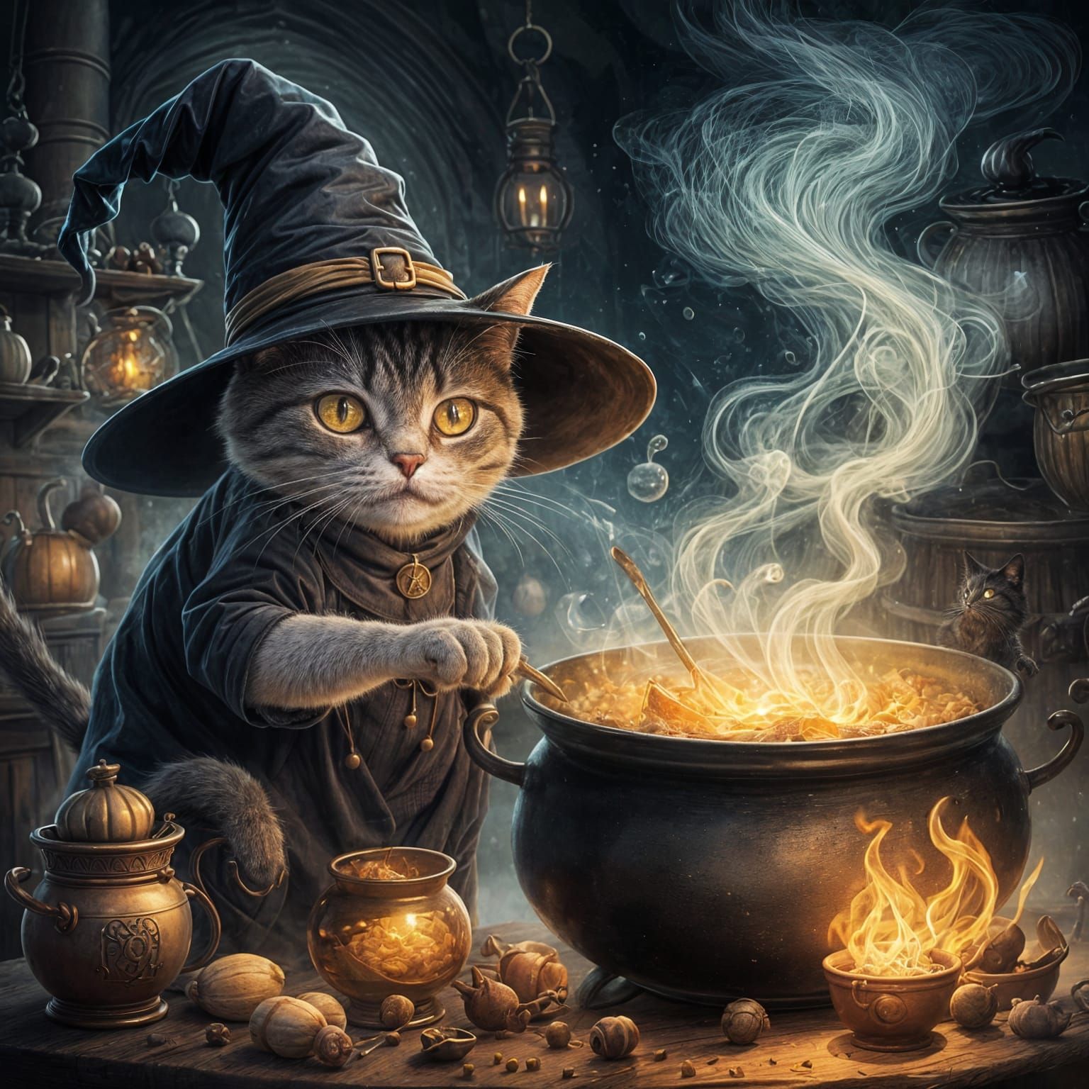 Witch Cat Brews a Potion in Cauldron