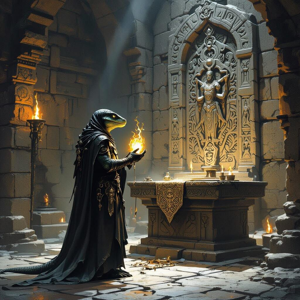 Lizardfolk Priest with Glowing Artifact in Dark Fantasy Styl...