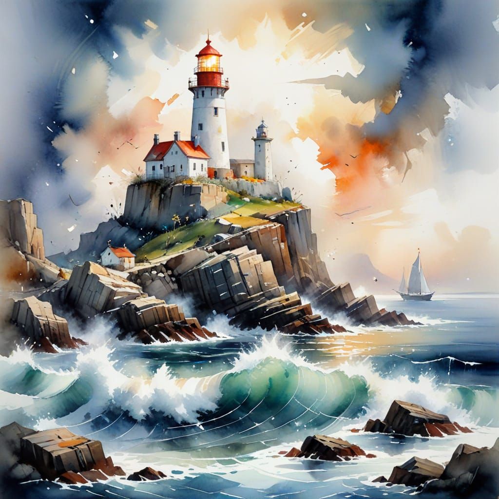 Magical Lighthouse Guiding Ships: A Watercolor Masterpiece