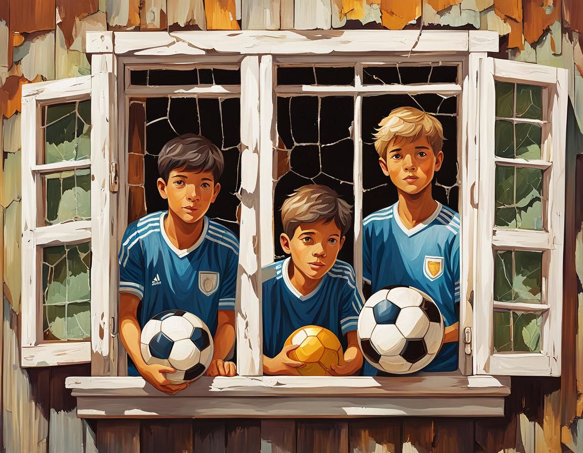 Boys, Soccer Ball, and Broken Window: Americana Oil Painting