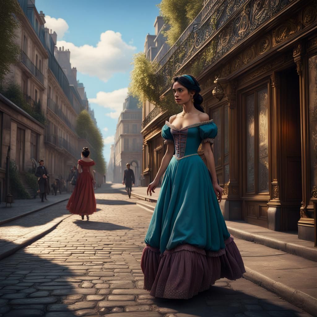 Princess Jasmine in Victorian Dress, Paris Street Scene