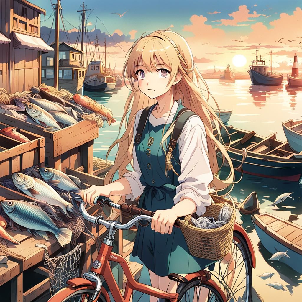 Anime Girl Leads Bicycle on Harbor Quay