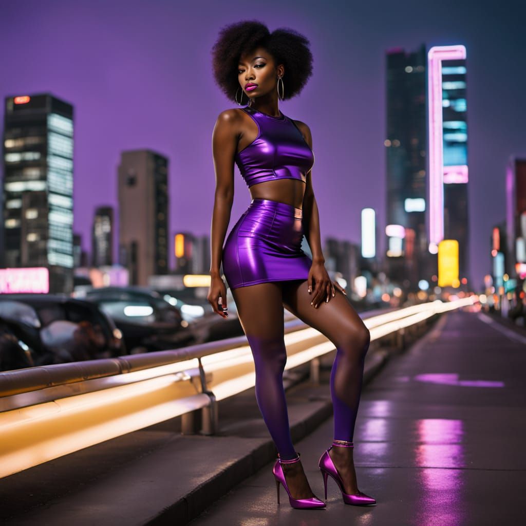 Neon Tokyo: Woman in Purple Tights, Cityscape Portrait