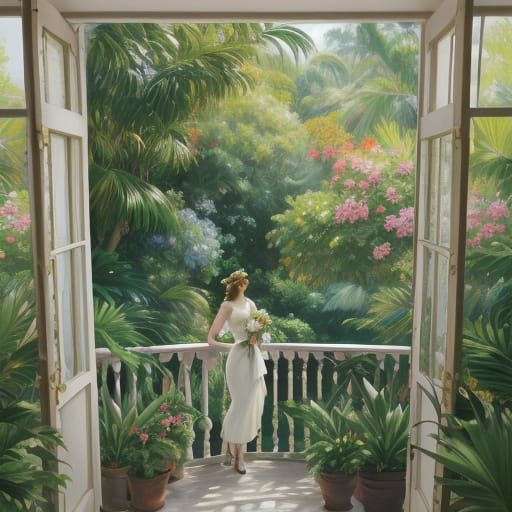 Impressionist Garden Scene with Vibrant Tropical Life