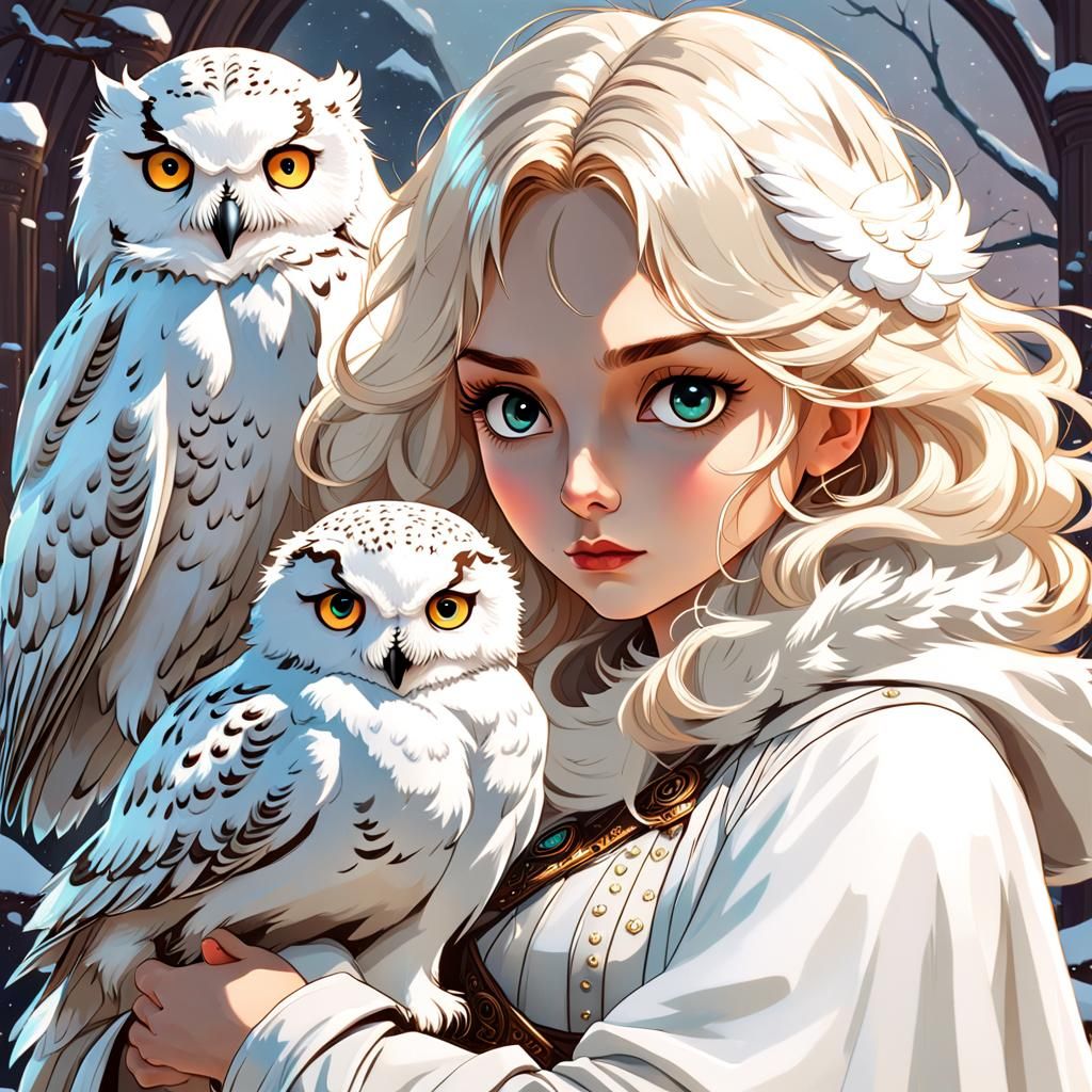 Dreamy Portrait with Snowy Owl, Digital Art