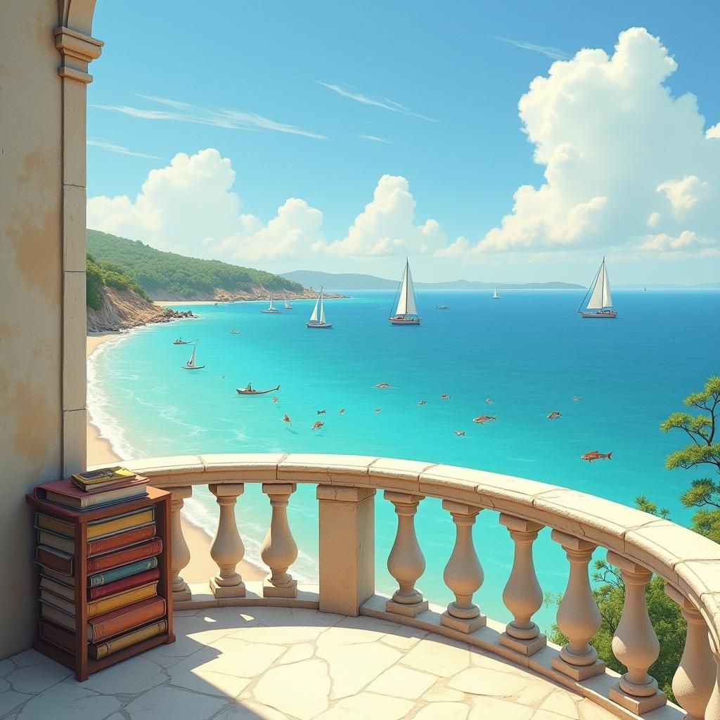 Beach Balcony Overlooking Tranquil Sea, Impressionist Style