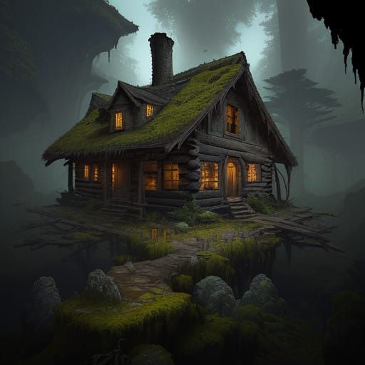 Ancient, Overgrown Cabin in Emerald Mossy Rock Formation