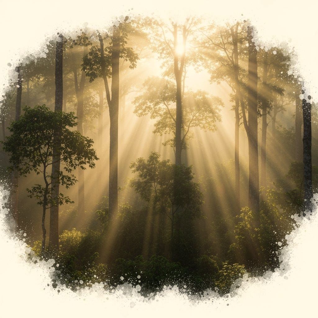 Misty Thai Forest Sunrise with Golden Light Rays