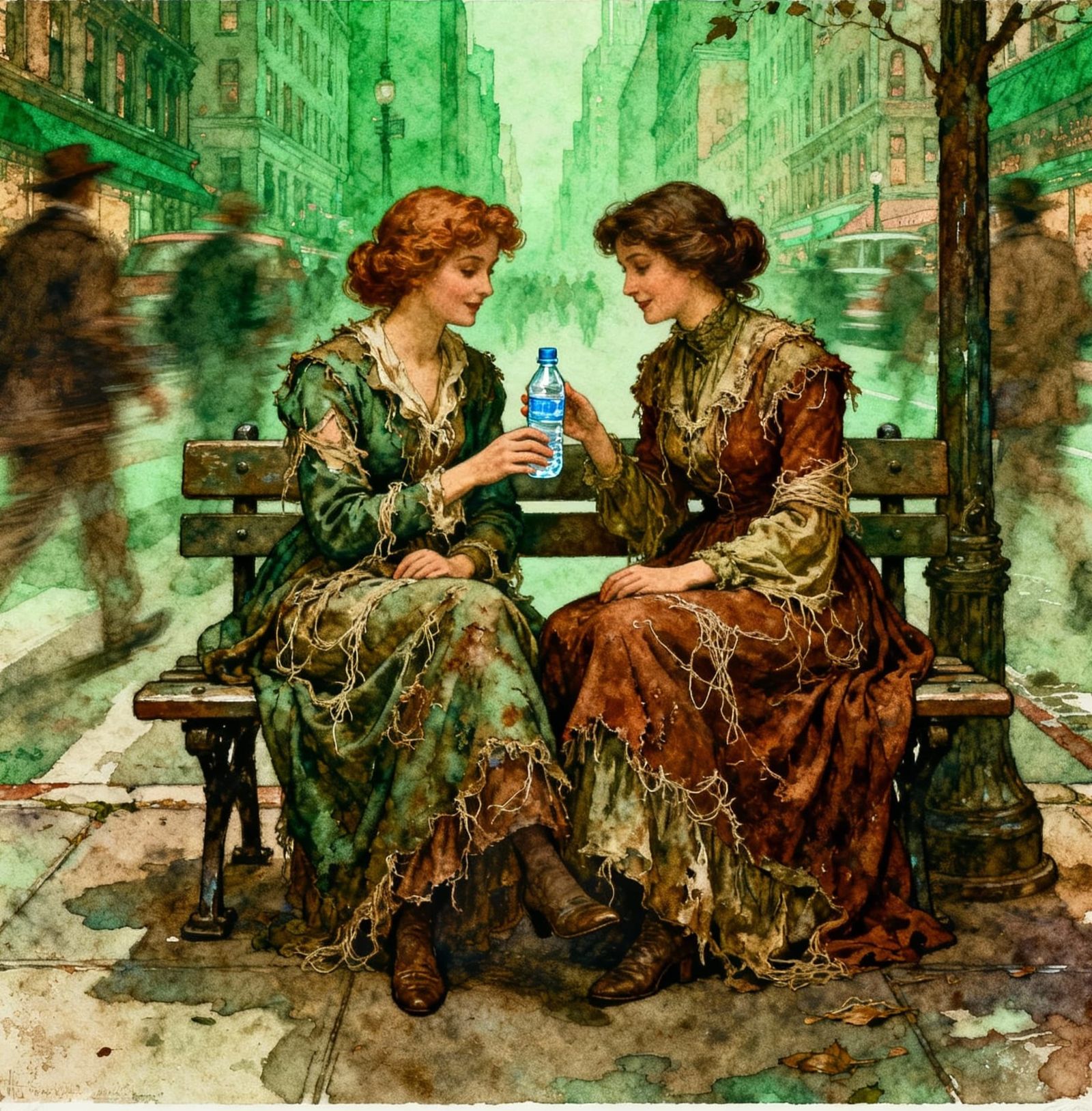 Elegant Poor Women Share Water on New York Bench in Bromoil ...