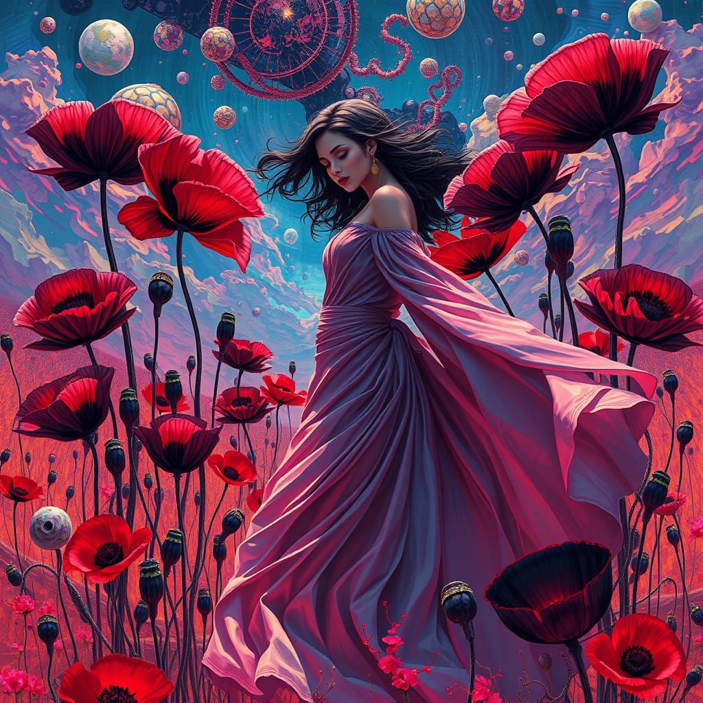 Surreal Woman with Black Poppies in Dream Landscape