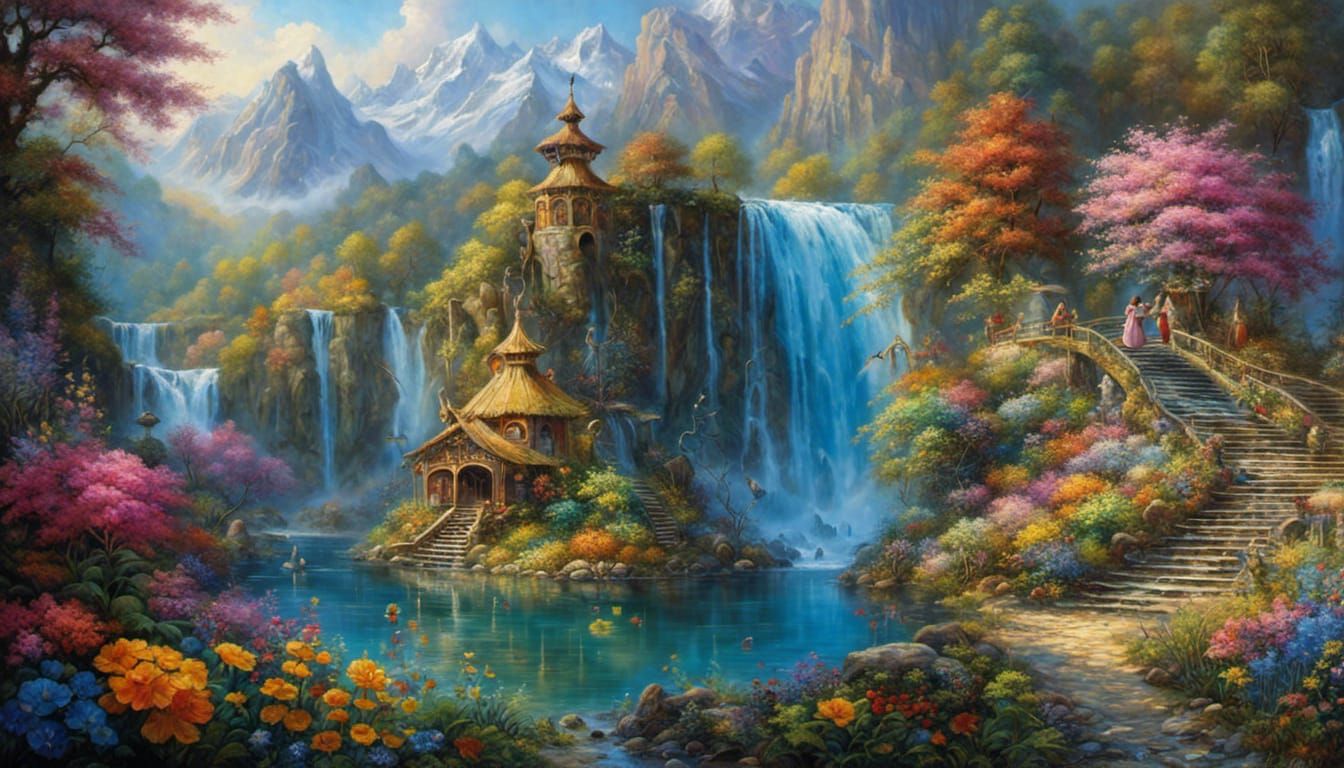 Fairy Playground with Waterfalls and Wildflowers