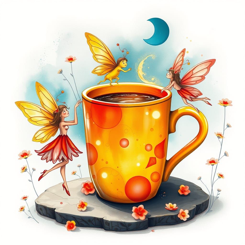 Fairies Dancing Around Coffee Mug, Whimsical Art