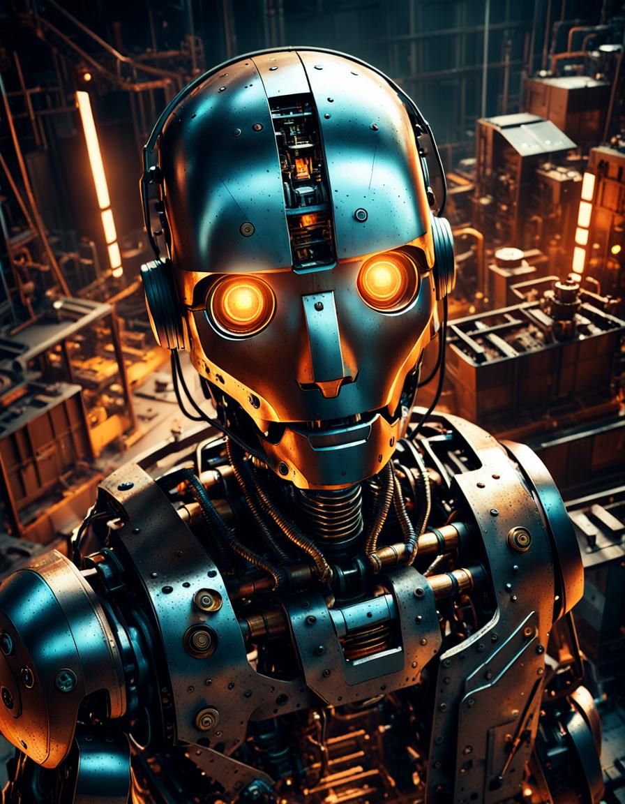 Robot in Dimly Lit Industrial Factory