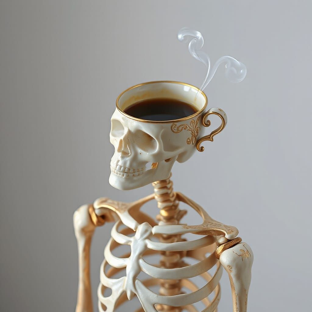 Skeleton with Coffee Cup Head Rises in Golden Artistry