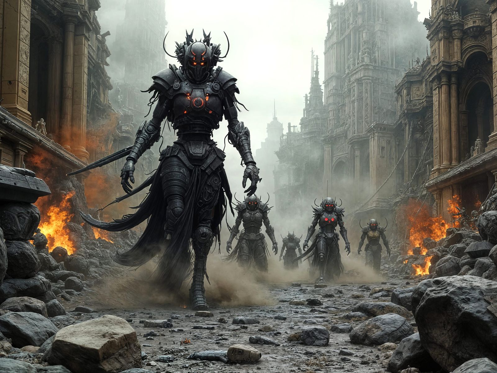 Necron Warriors Clash with Imperial Forces in a Post-Apocaly...