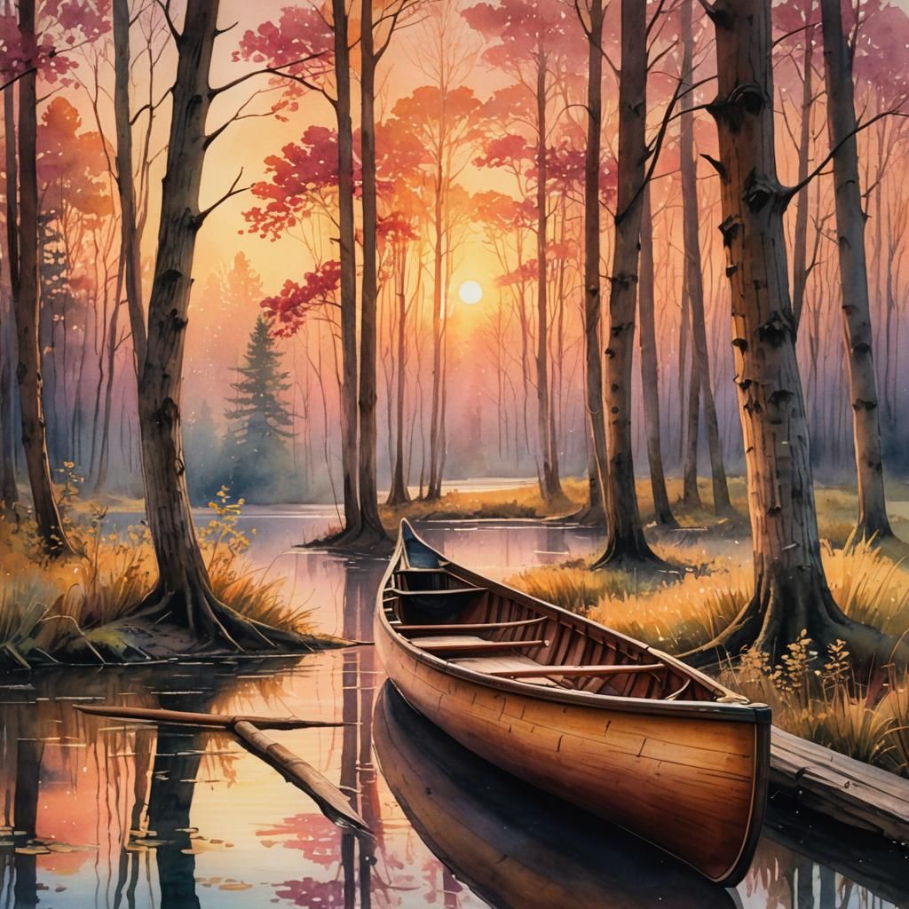 Romantic Sunset Canoe in Watercolor Style