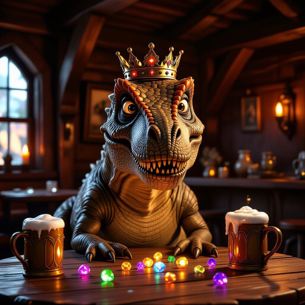 T-Rex in Crown at Tavern Table, 3D Rendered Style