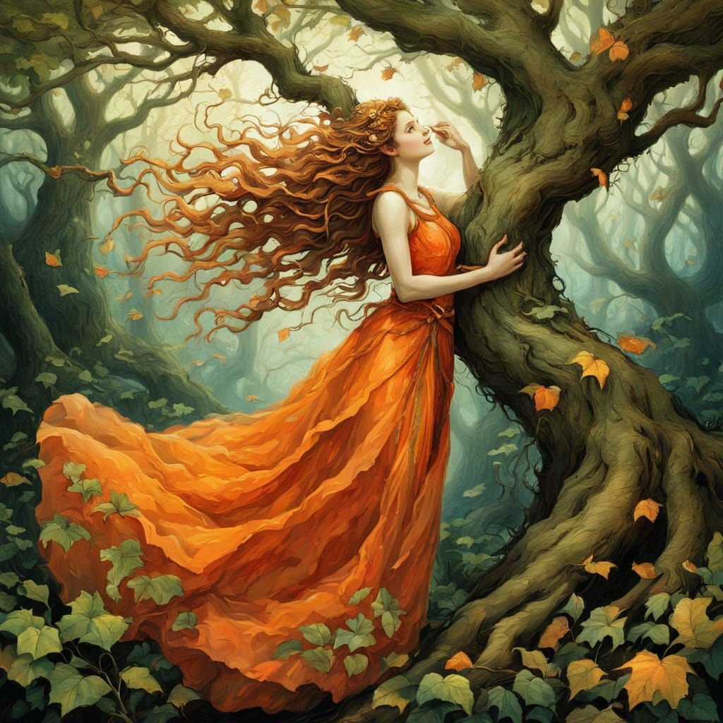 Vibrant Oak Tree Embraced by a Radiant Woman in a Whimsical...