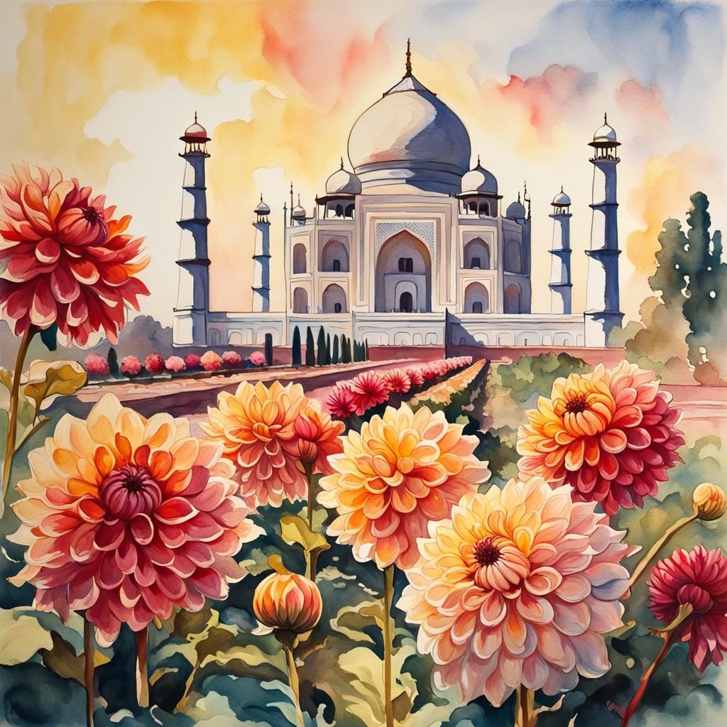 Taj Mahal Dahlias in Gouache Watercolor Style