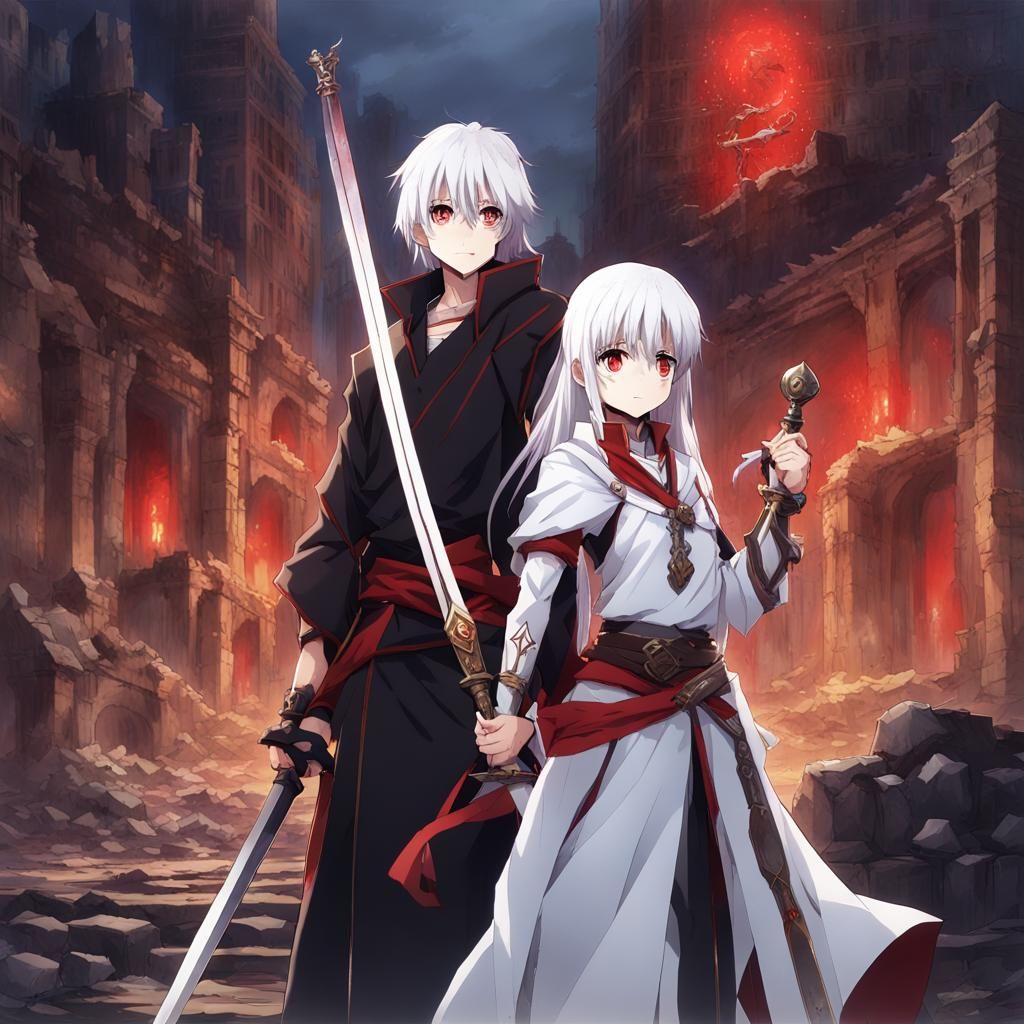Anime Mage Girl and Sword Master in Ruined City