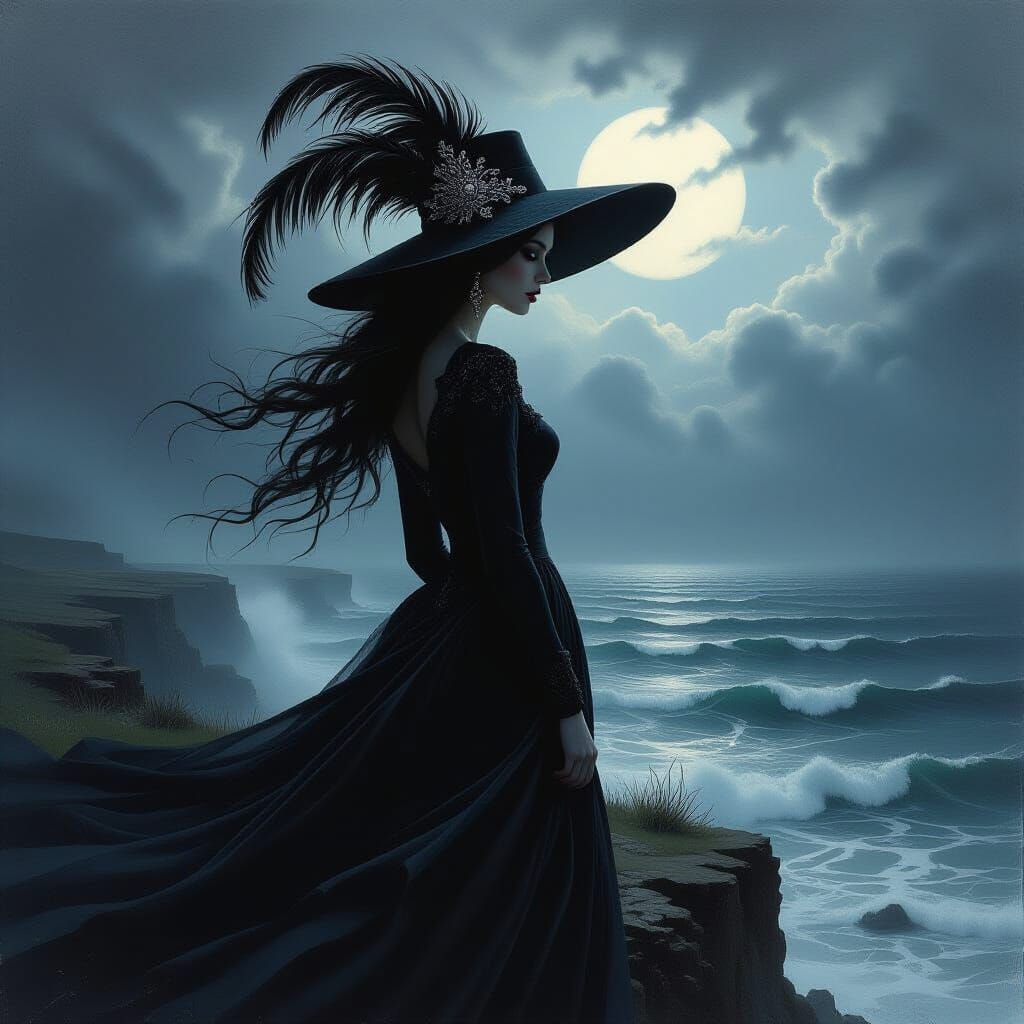 Gothic Fantasy Woman on Windswept Cliff