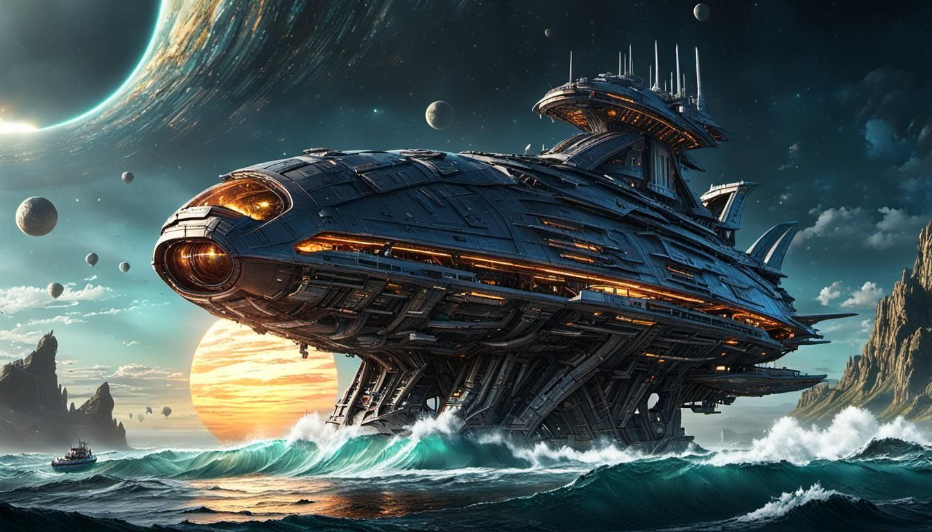Starship Emerges on Alien World: Dark Fantasy Art