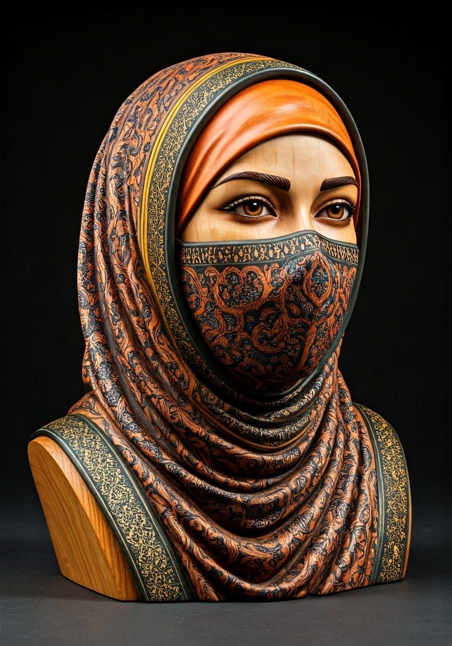 Detailed Wooden Sculpture of a Hijabi Woman