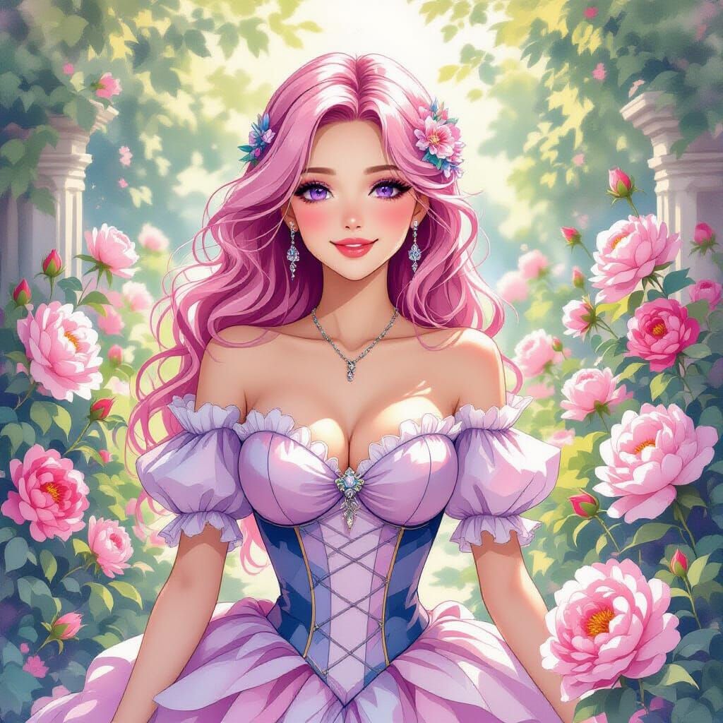 Pink Haired Woman in Rococo Gown in Peony Garden