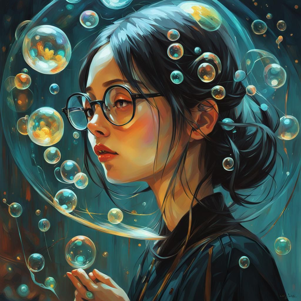 Girl in VR Glasses Creates Mental Web in Mixed Style