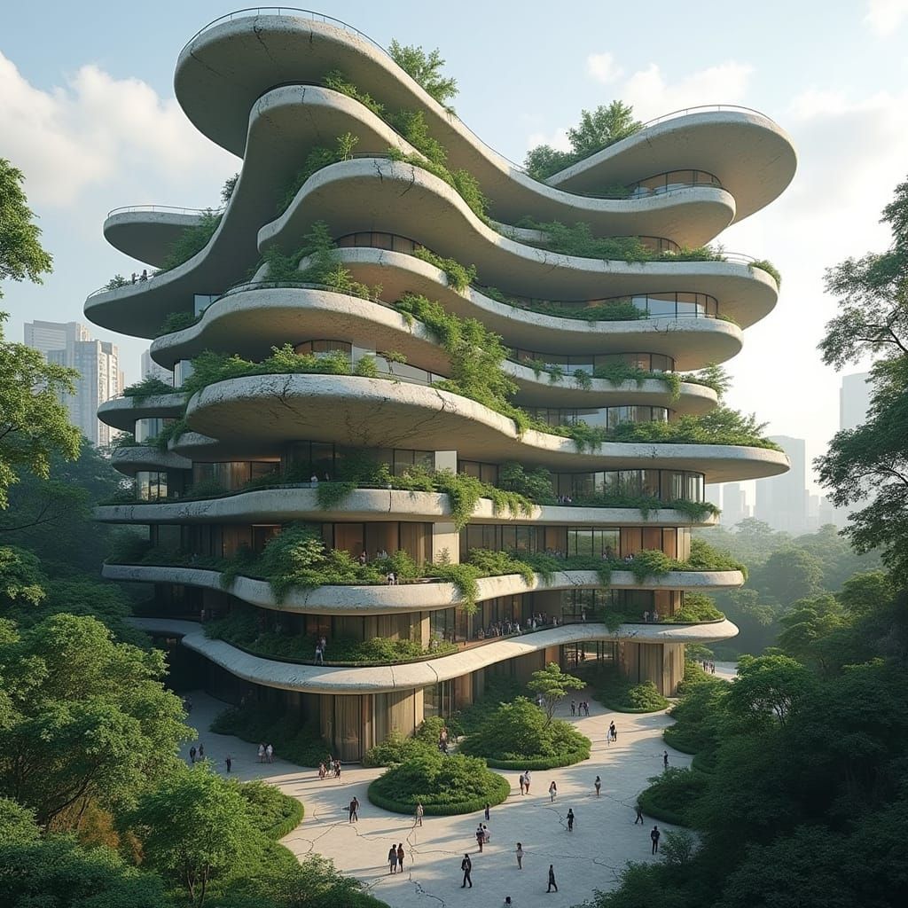 Futuristic Organic Building with Concrete and Greenery