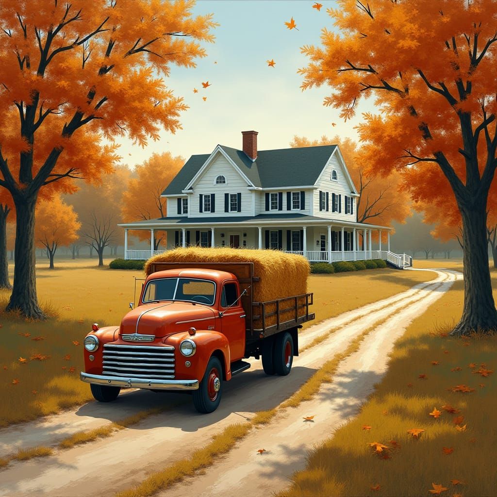 Vintage Truck with Hay Bales in Autumn Landscape