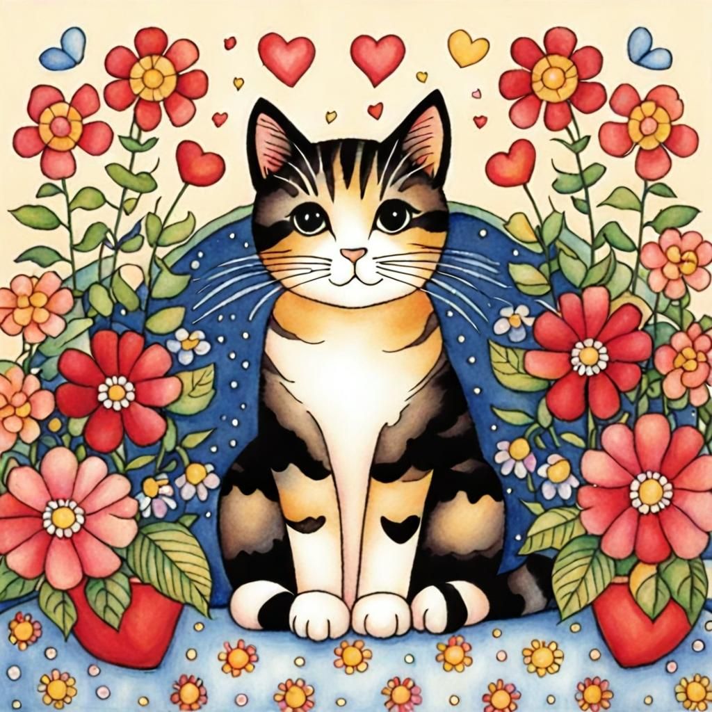 Cute Cat Surrounded by Flowers Illustration