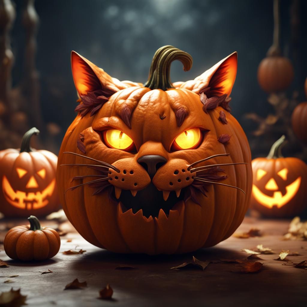 Orange Pumpkin Cat Jack-o'-Lantern: Detailed Digital Art