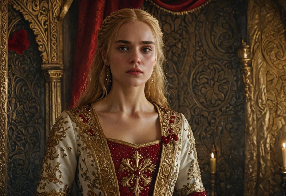 Golden Haired Woman in Luxurious Medieval Room
