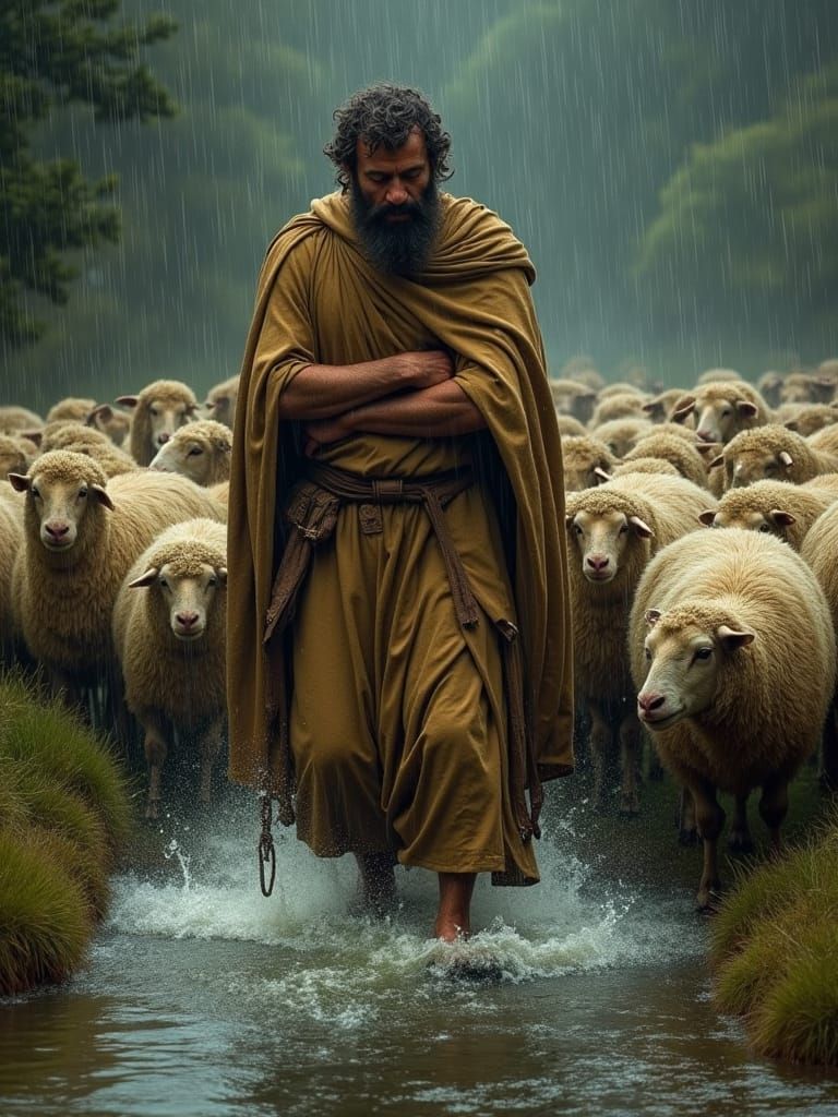 Shepherd and Sheep in Torrential Rain