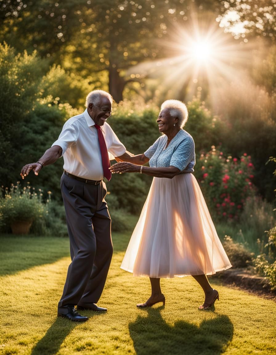 Black Couple Dancing in Garden with Sun Halo