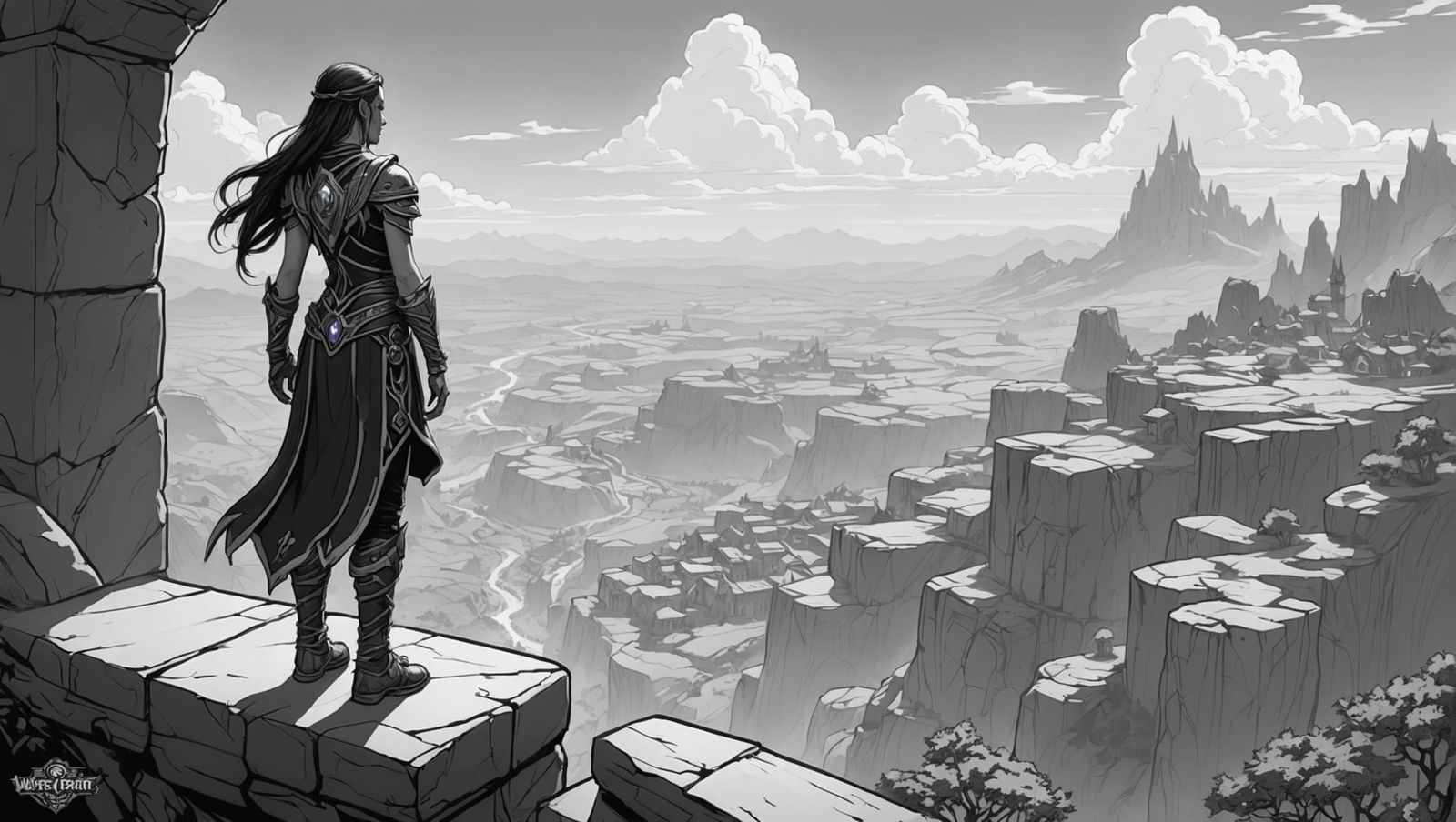 Pandaren Girl Overlooking Valley: Coloring Book Line Art