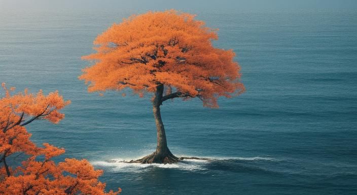 Orange Sakura Tree and Sea Serpent