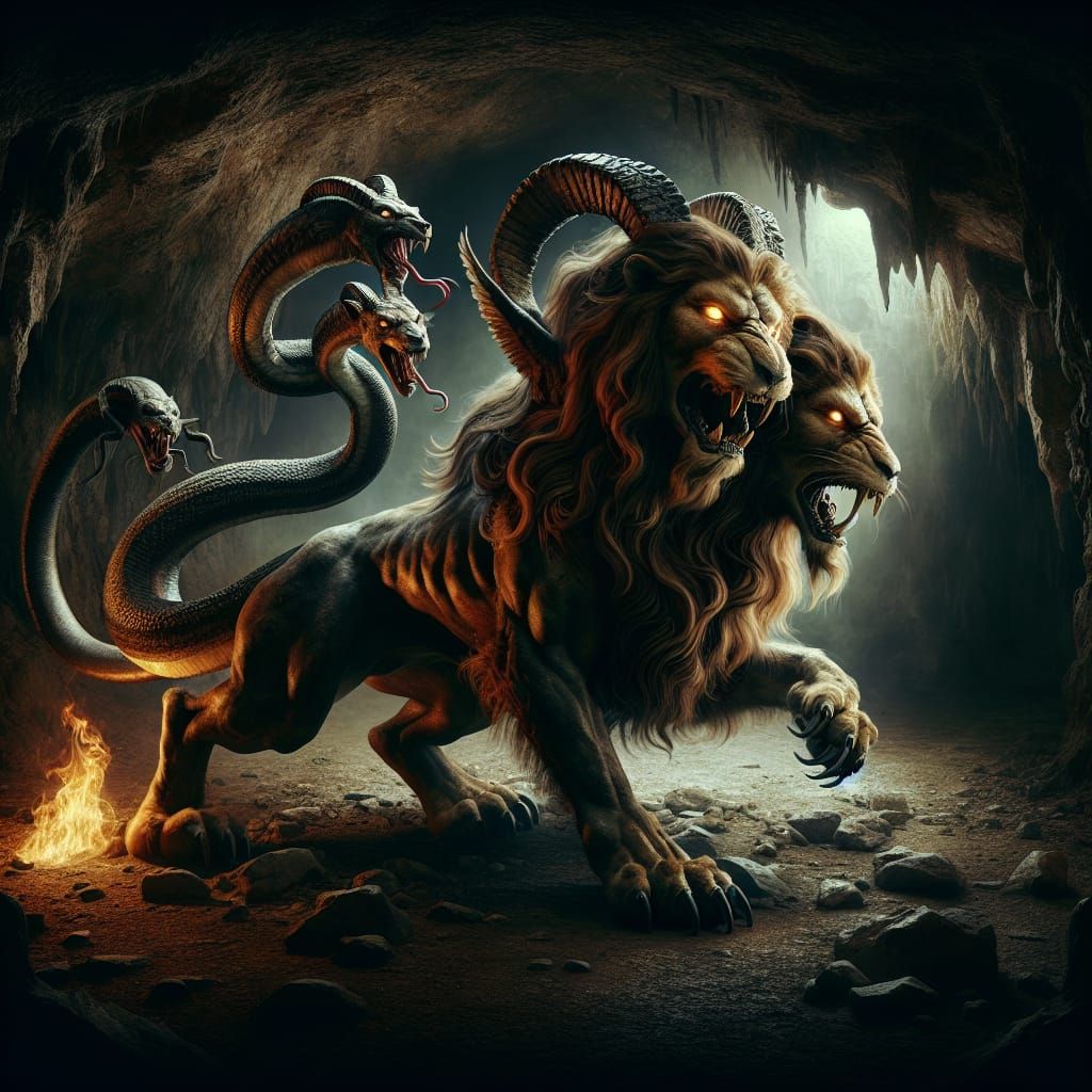 Mythic Chimera Snarling in Fantasy Cave