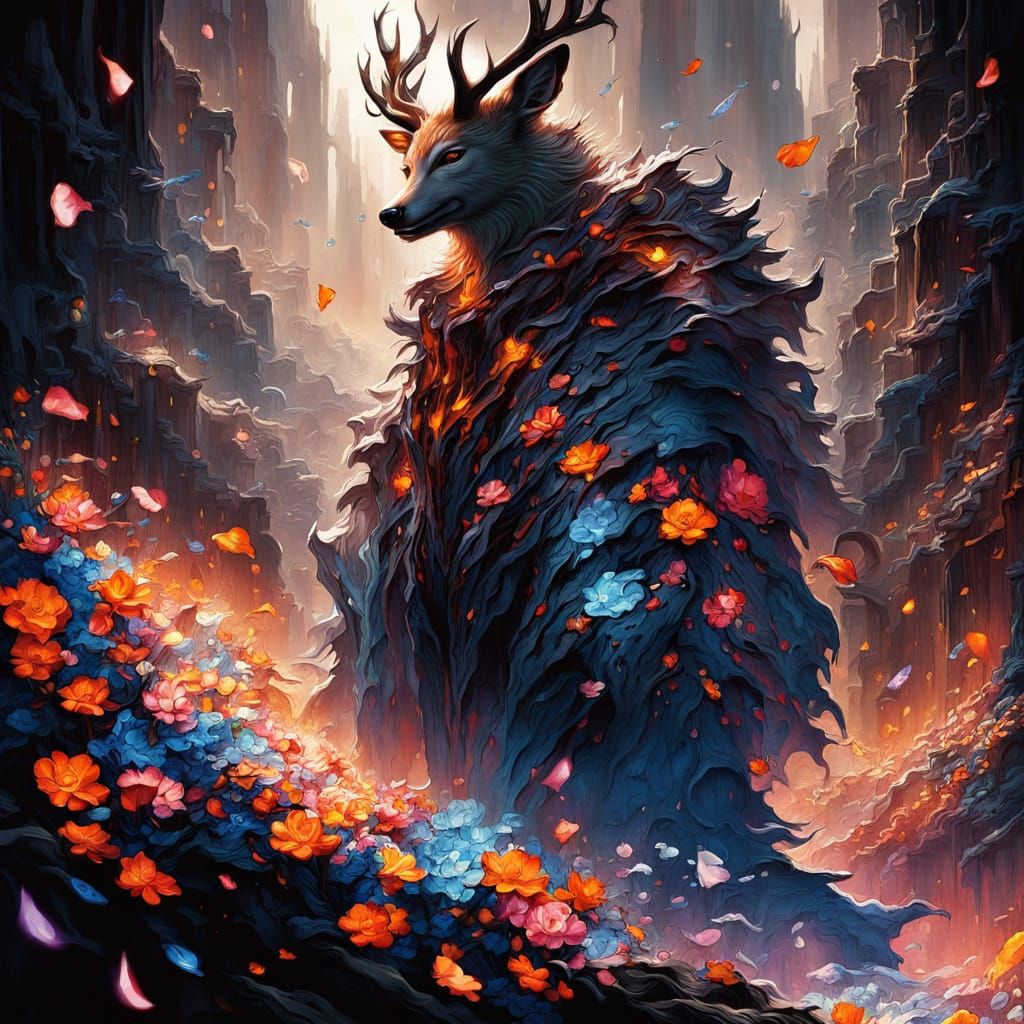 Deer, Wolf, and Fish in Oil Painting Style