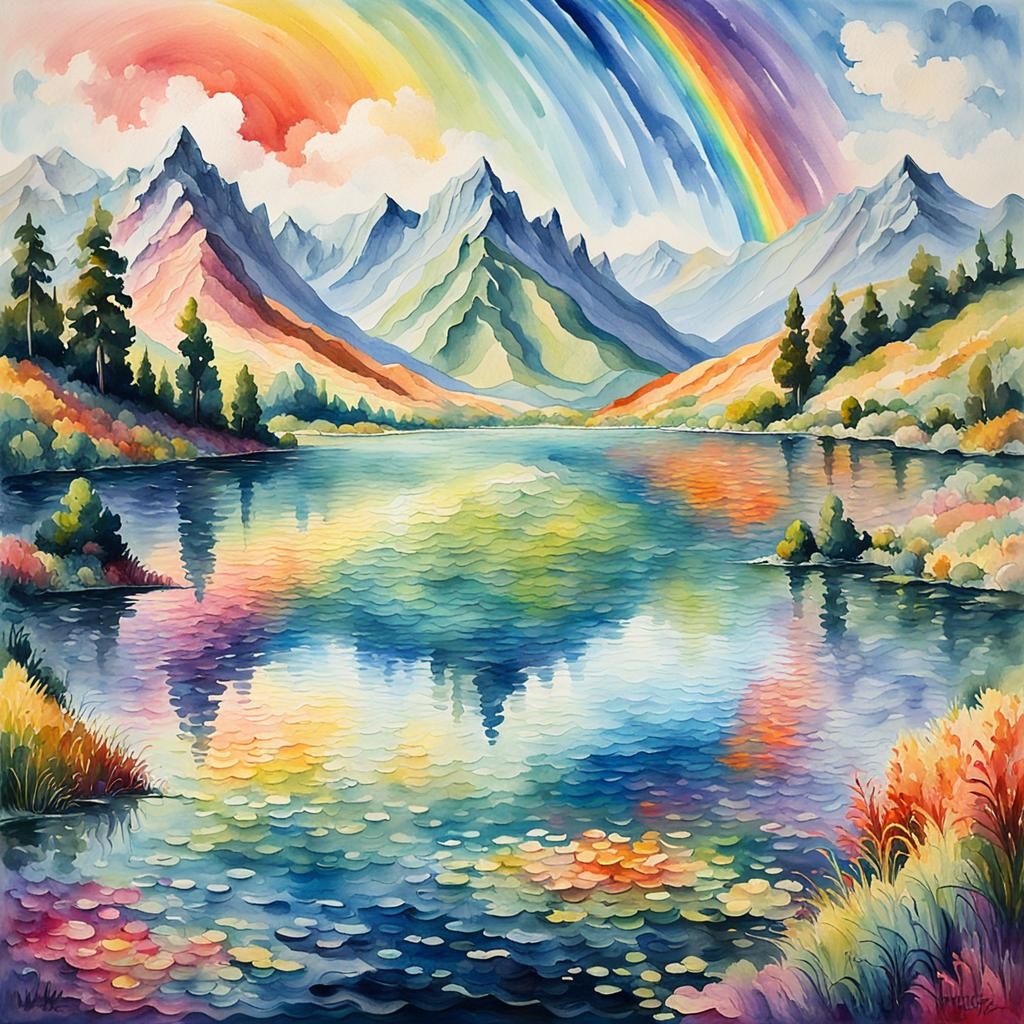 Vibrant Impressionist Landscape with Rainbow in Pointillism ...