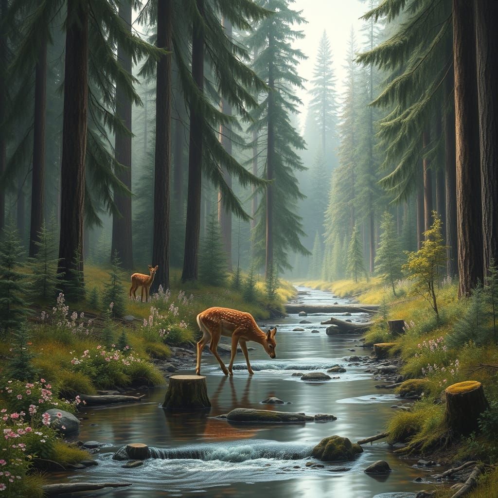 Serene Forest Creek with Deer, in Naturalistic Style